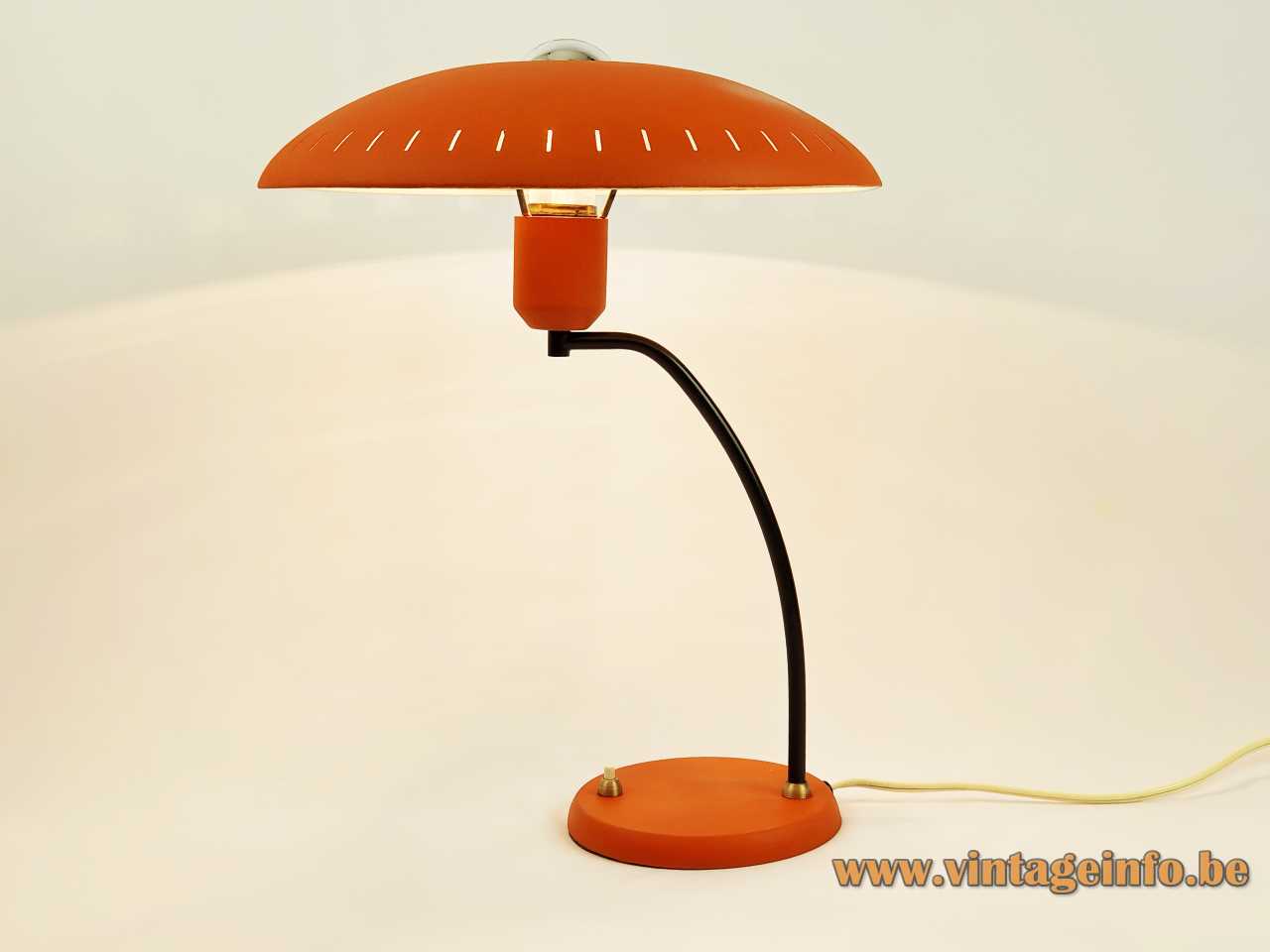 Philips Junior desk lamp 1955 design: Louis Kalff orange mushroom lampshade brass curved rod 1950s 1960s
