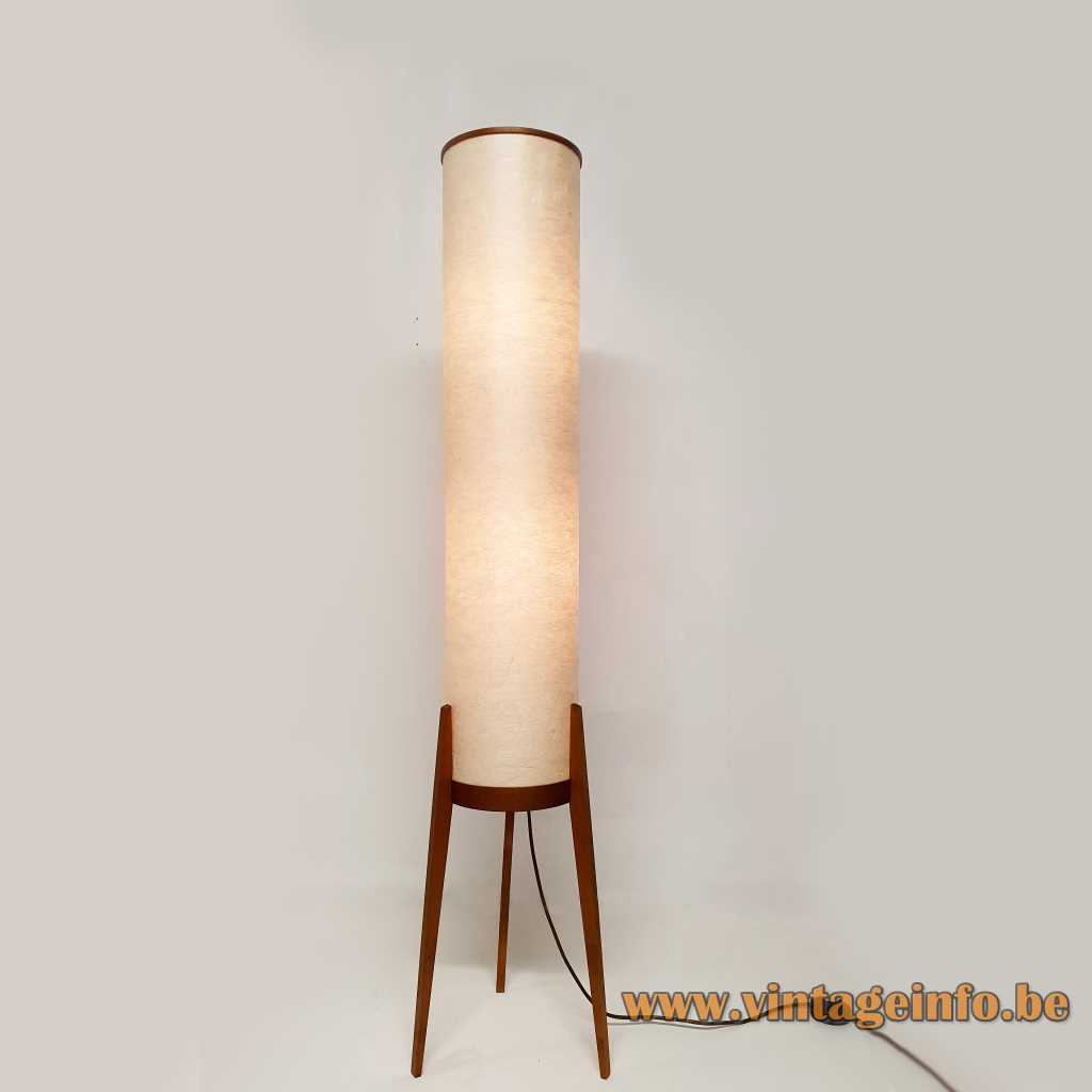 Swedish tripod rocket floor lamp white fibreglass tube 3 wood legs 1950s 1960s 2 E27 bulbs