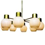 VEB Wohnraumleuchten striped globes chandelier 8 glass lampshades brass rods 1960s East Germany GDR Elektro-Medizingeräte