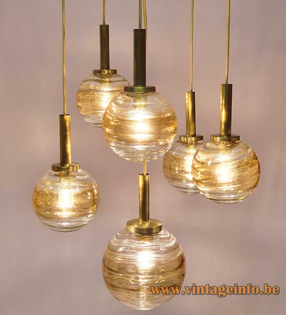 Wortmann globe pendant chandelier with six cascade hanging amber and clear glass lamps 1960s WOFI Leuchten