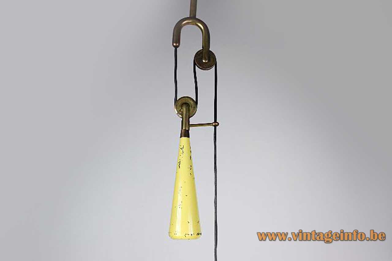 Angelo Lelii 1940s pendant lamp yellow metal lampshade handle conical counterweight pulley 1950s Arredoluce design Italy