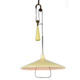 Angelo Lelii 1940s pendant lamp yellow metal lampshade handle conical counterweight pulley 1950s Arredoluce design Italy
