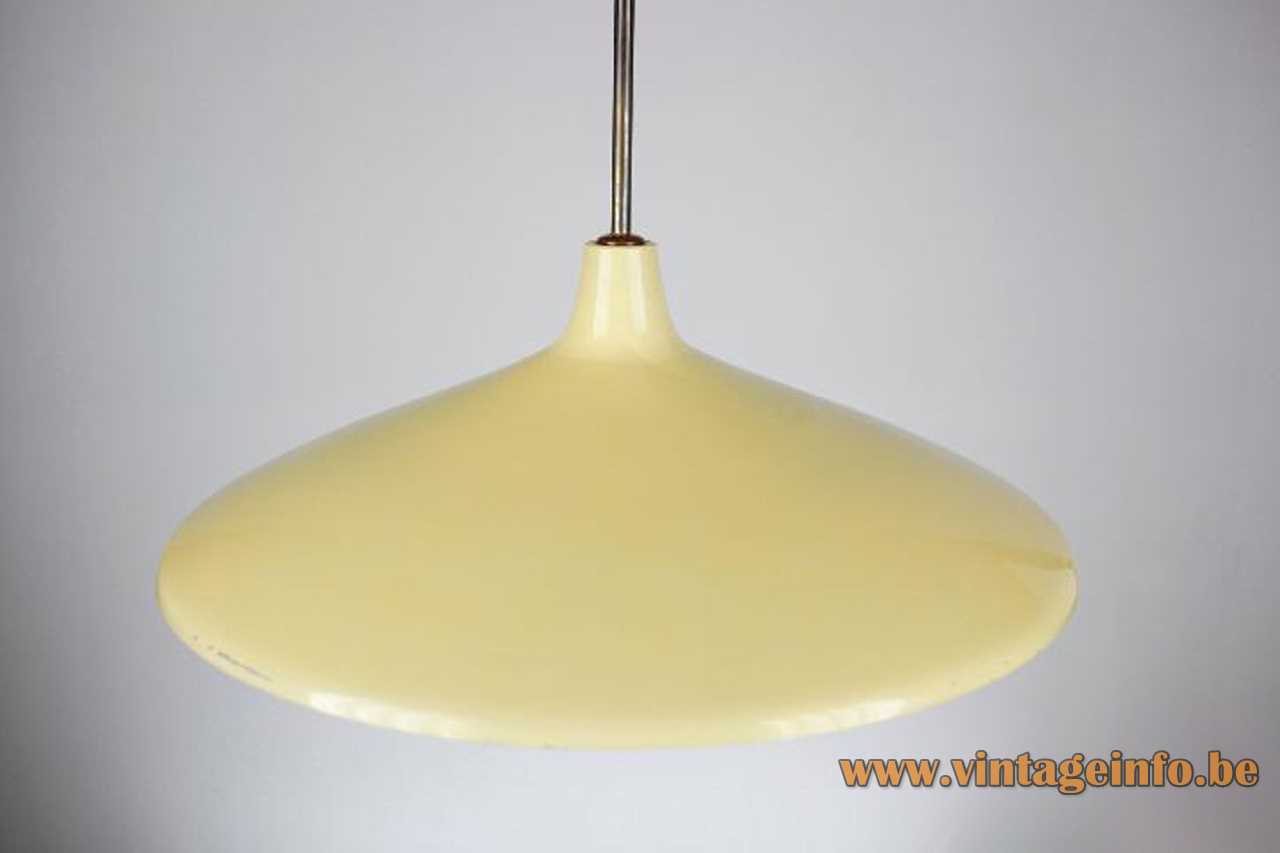 Angelo Lelii 1940s pendant lamp yellow metal lampshade handle conical counterweight pulley 1950s Arredoluce design Italy