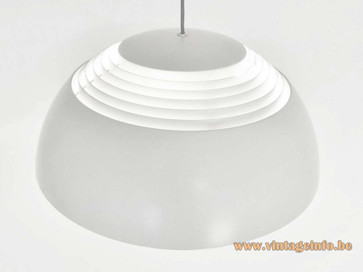 Arne Jacobsen Royal pendant lamp 1957 design white half round metal grid lampshade Louis Poulsen Denmark