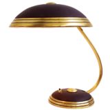 Black Helo Leuchten desk lamp round brass base rings mushroom lampshade curved rod 1950s 1960s Germany
