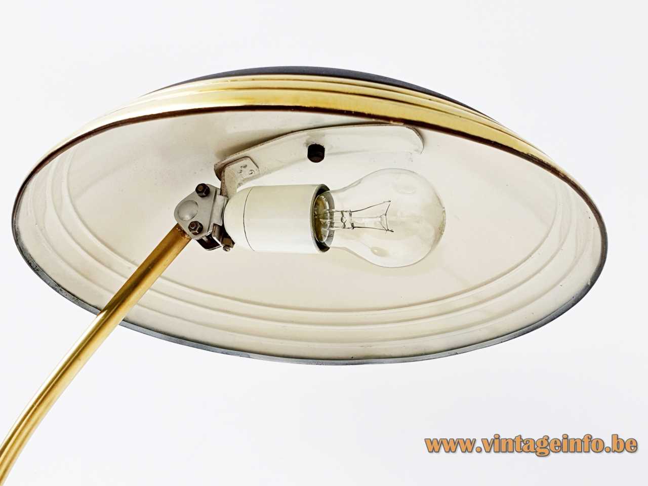 Black Helo Leuchten desk lamp round brass base rings mushroom lampshade curved rod 1950s 1960s Germany