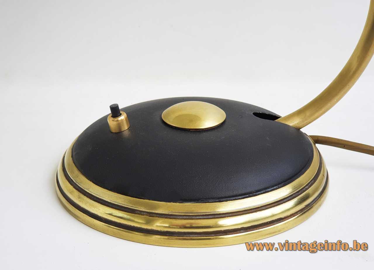 Black Helo Leuchten desk lamp round brass base rings mushroom lampshade curved rod 1950s 1960s Germany
