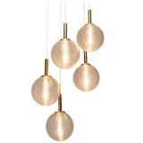 DORIA 5 glass globes cascading chandelier pendant lamps glass wire brass tubes 1960s 1970s Germany
