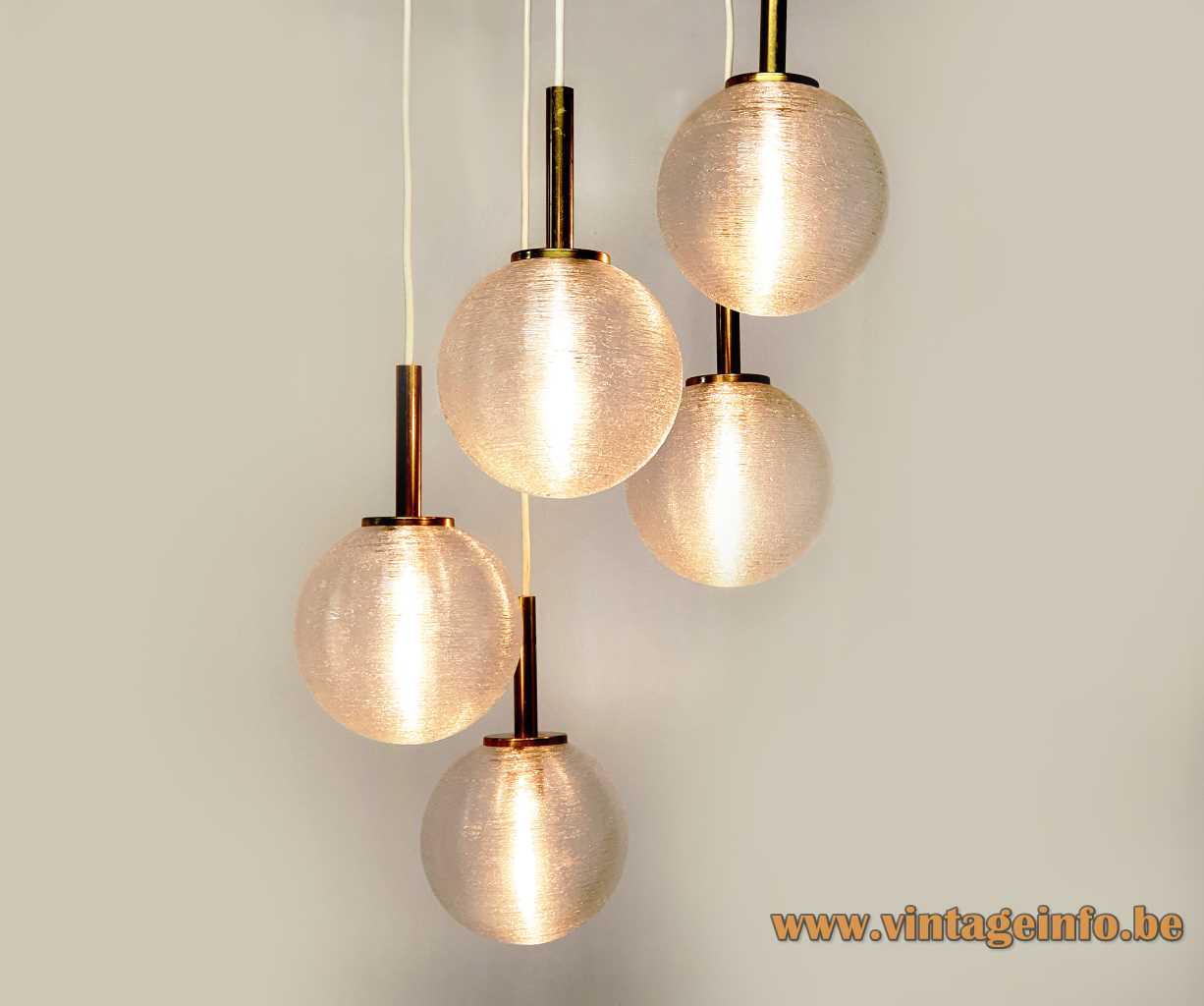 DORIA 5 glass globes cascading chandelier pendant lamps glass wire brass tubes 1960s 1970s Germany 