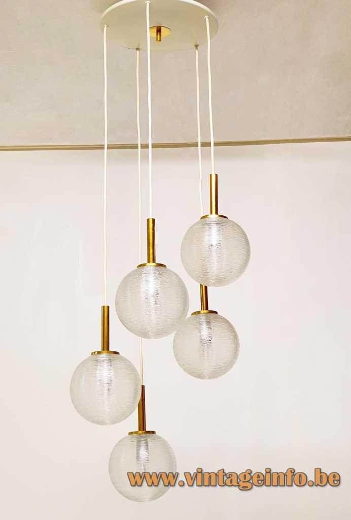 DORIA 5 glass globes cascading chandelier pendant lamps glass wire brass tubes 1960s 1970s Germany 