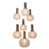 DORIA crackle glass pendant chandelier chrome ribbed tubes 7 cascading hand-blown frosted globes 1970s Germany