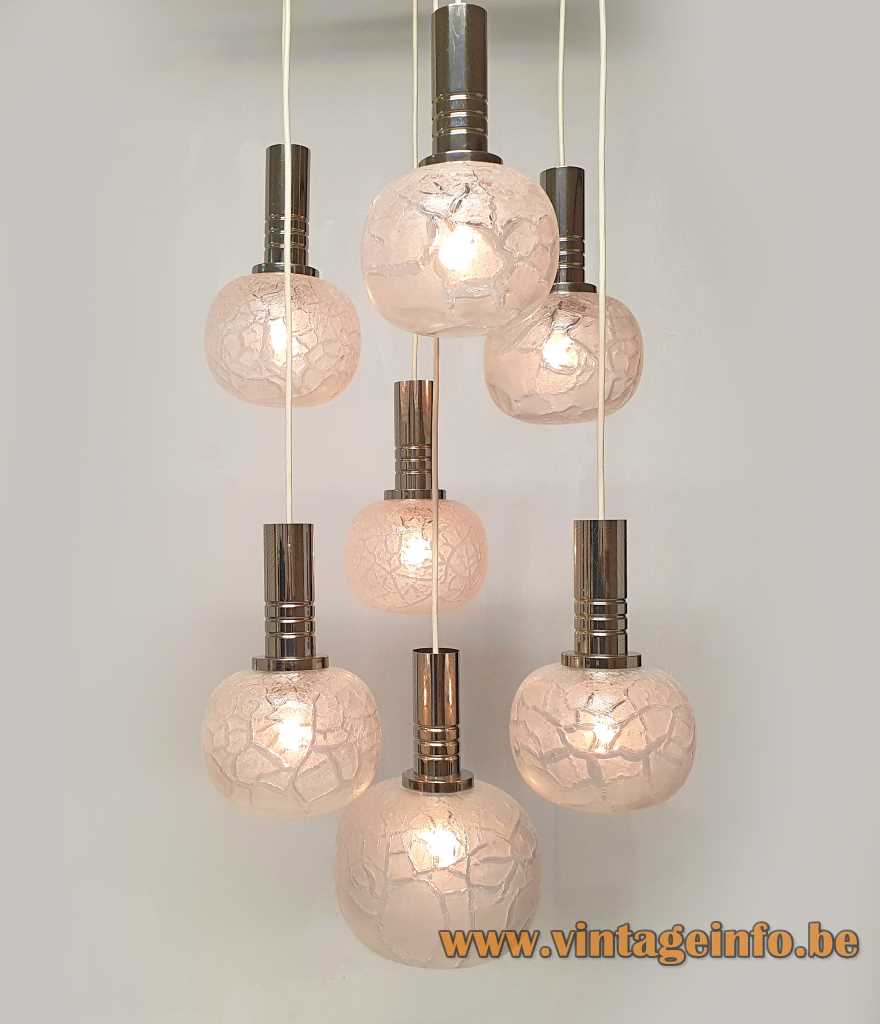 DORIA crackle glass pendant chandelier chrome ribbed tubes 7 cascading hand blown frosted globes 1970s Germany