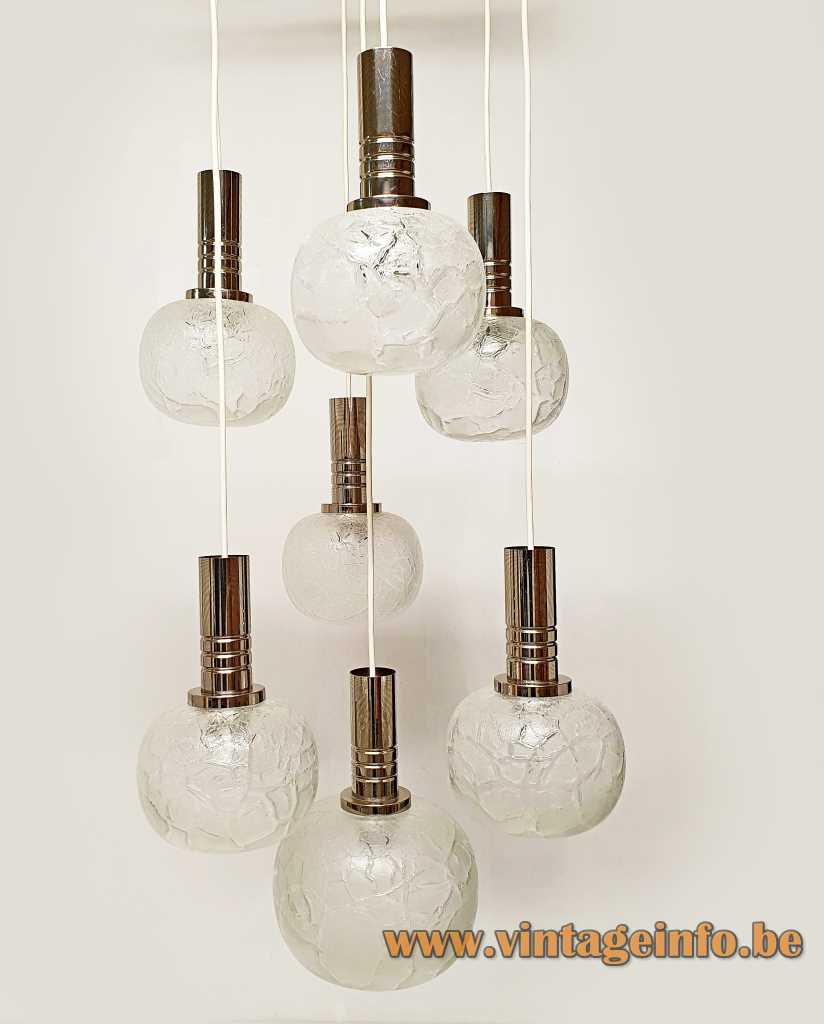 DORIA crackle glass pendant chandelier chrome ribbed tubes 7 cascading hand blown frosted globes 1970s Germany