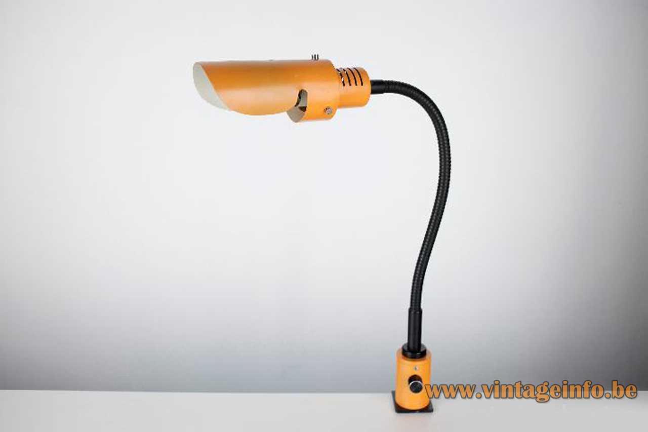 Josep Magem Madom clamp lamp 1970s design orange base & lampshade black gooseneck dimmer Barcelona Spain
