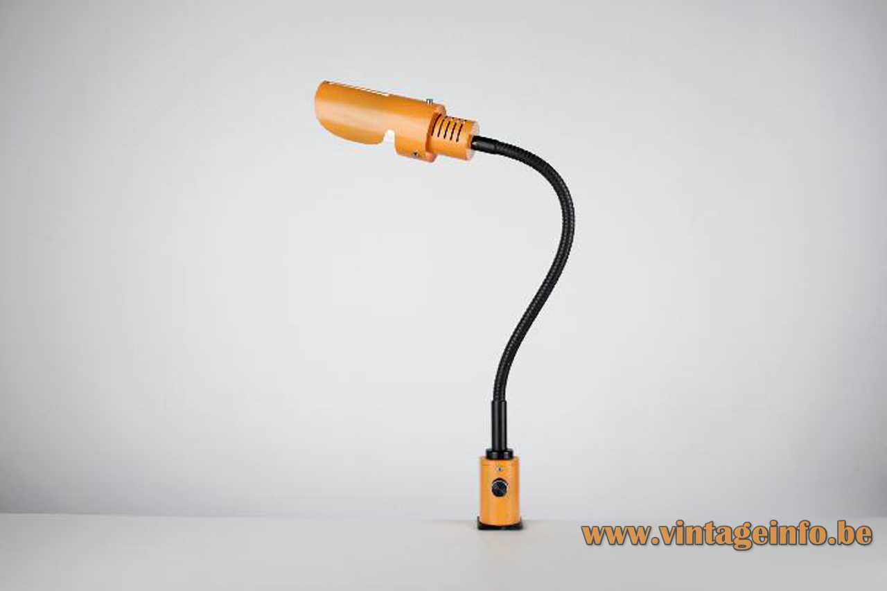 Josep Magem Madom clamp lamp 1970s design orange base & lampshade black gooseneck dimmer Barcelona Spain