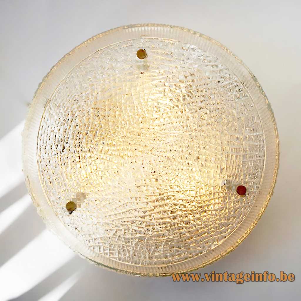 Kaiser Leuchten round glass flush mount big embossed disc chrome ornamental screws 1960s 1970s Germany