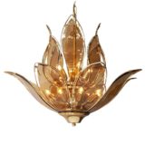 Lotus flowers glass chandelier brown curved leaves brass plated iron frame & chain 1980s 1990s Hong Kong