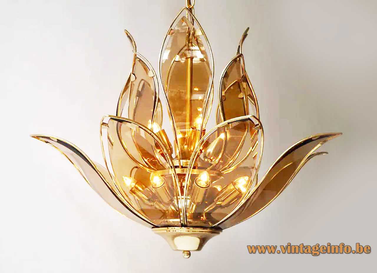 Lotus flowers glass chandelier brown curved leaves brass plated iron frame & chain 1980s 1990s Hong Kong