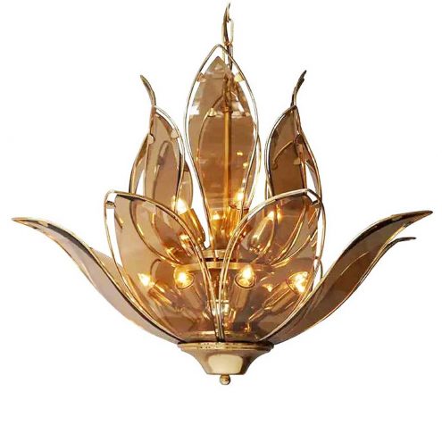 Lotus flowers glass chandelier brown curved leaves brass plated iron frame & chain 1980s 1990s Hong Kong