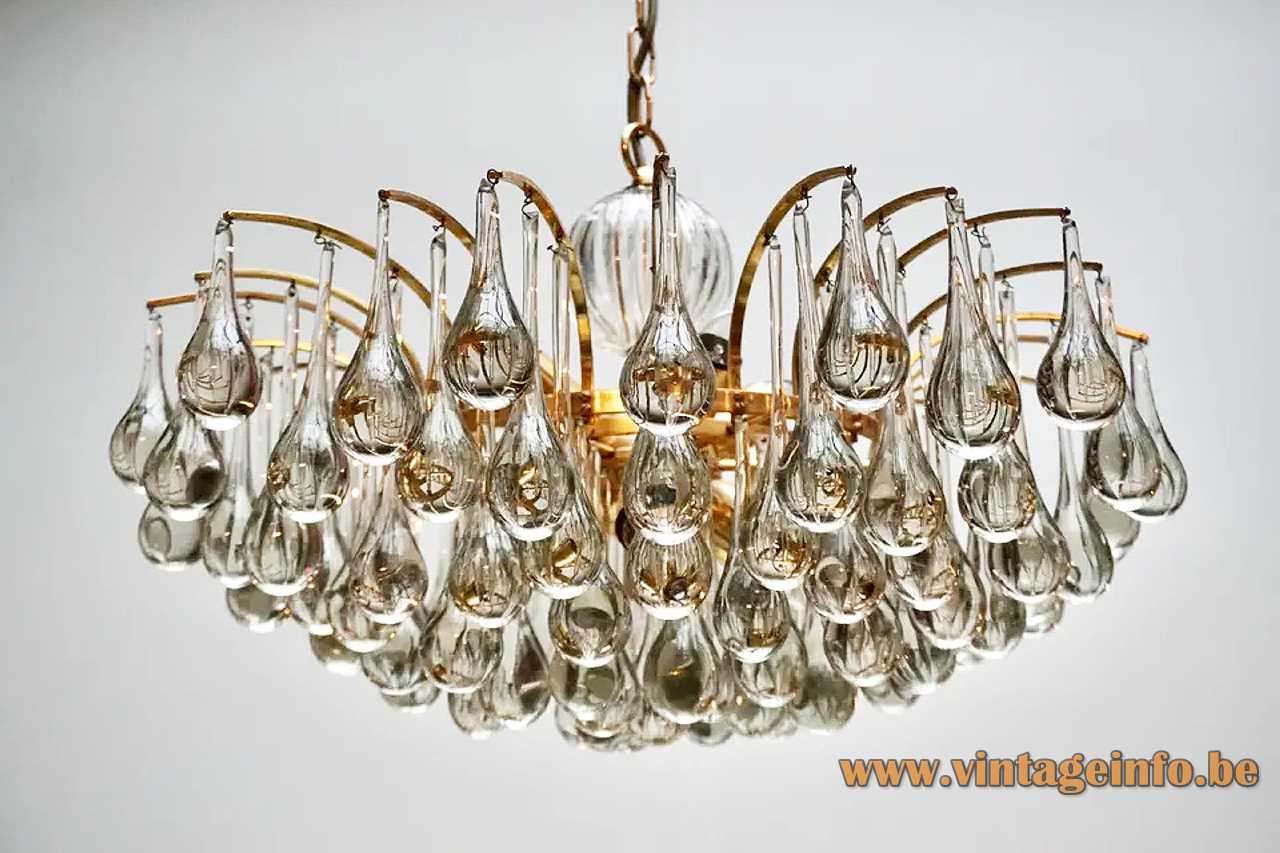 Palwa crystal teardrop chandelier curved brass rods & chain glas beads 1970s Palme & Walter Germany