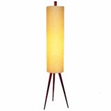 Parchment rocket floor lamp tripod teak wood base paper tubular lampshade 1950s 1960s 2 E27 sockets