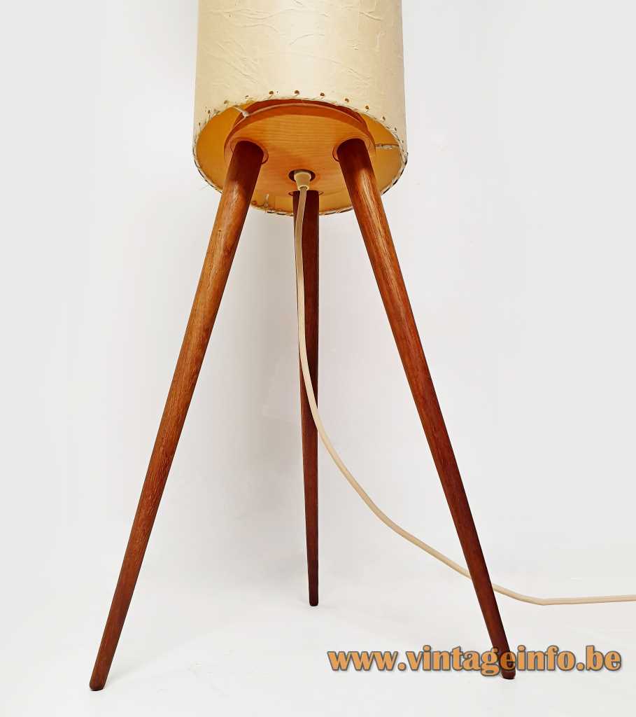 Parchment rocket floor lamp tripod teak wood base paper tubular lampshade 1950s 1960s 2 E27 sockets