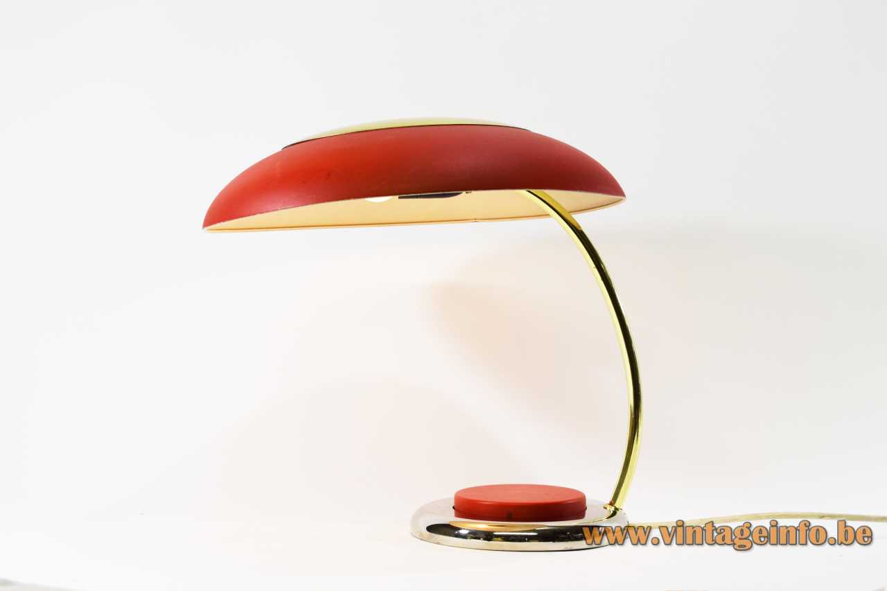 VEB NARVA mushroom desk lamp round base big red switch brass rod big lampshade 1970s GDR