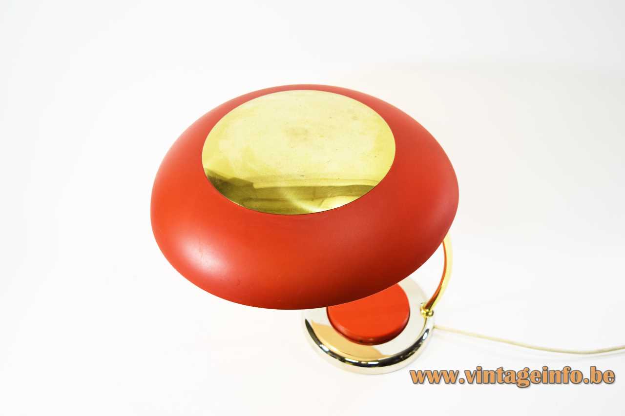 VEB NARVA mushroom desk lamp round base big red switch brass rod big lampshade 1970s GDR