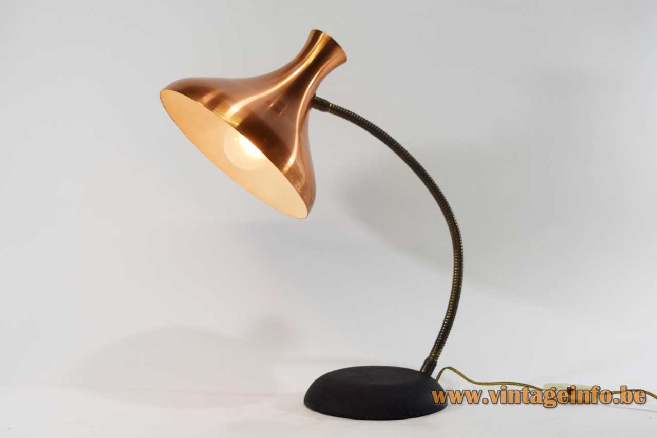 Van Haute copper diabolo desk lamp black round cast iron base brass gooseneck 1950s 1960s Belgium