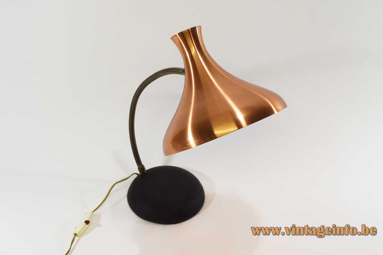 Van Haute copper diabolo desk lamp black round cast iron base brass gooseneck 1950s 1960s Belgium