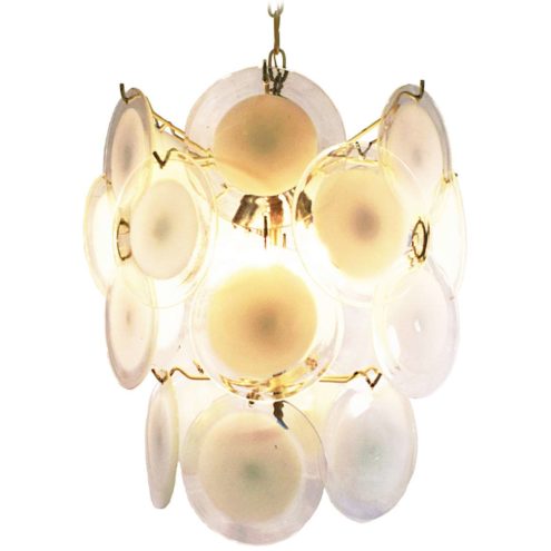 24 white discs murano chandelier 36 glass dishes chrome wire frame Mazzega Vistosi design 1960s 1970s