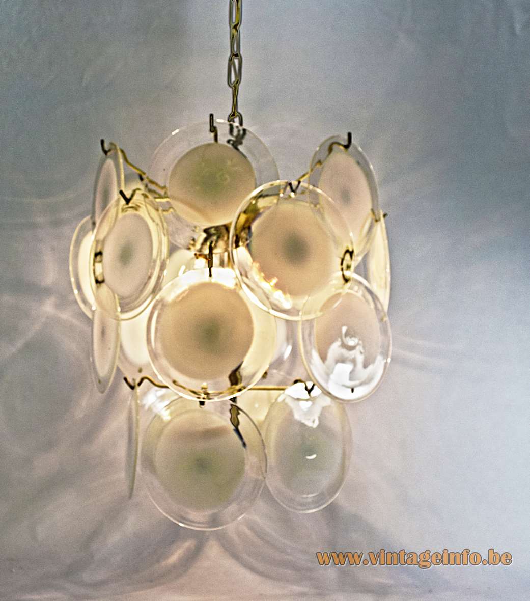 24 white discs murano chandelier 36 glass dishes chrome wire frame Mazzega Vistosi design 1960s 1970s