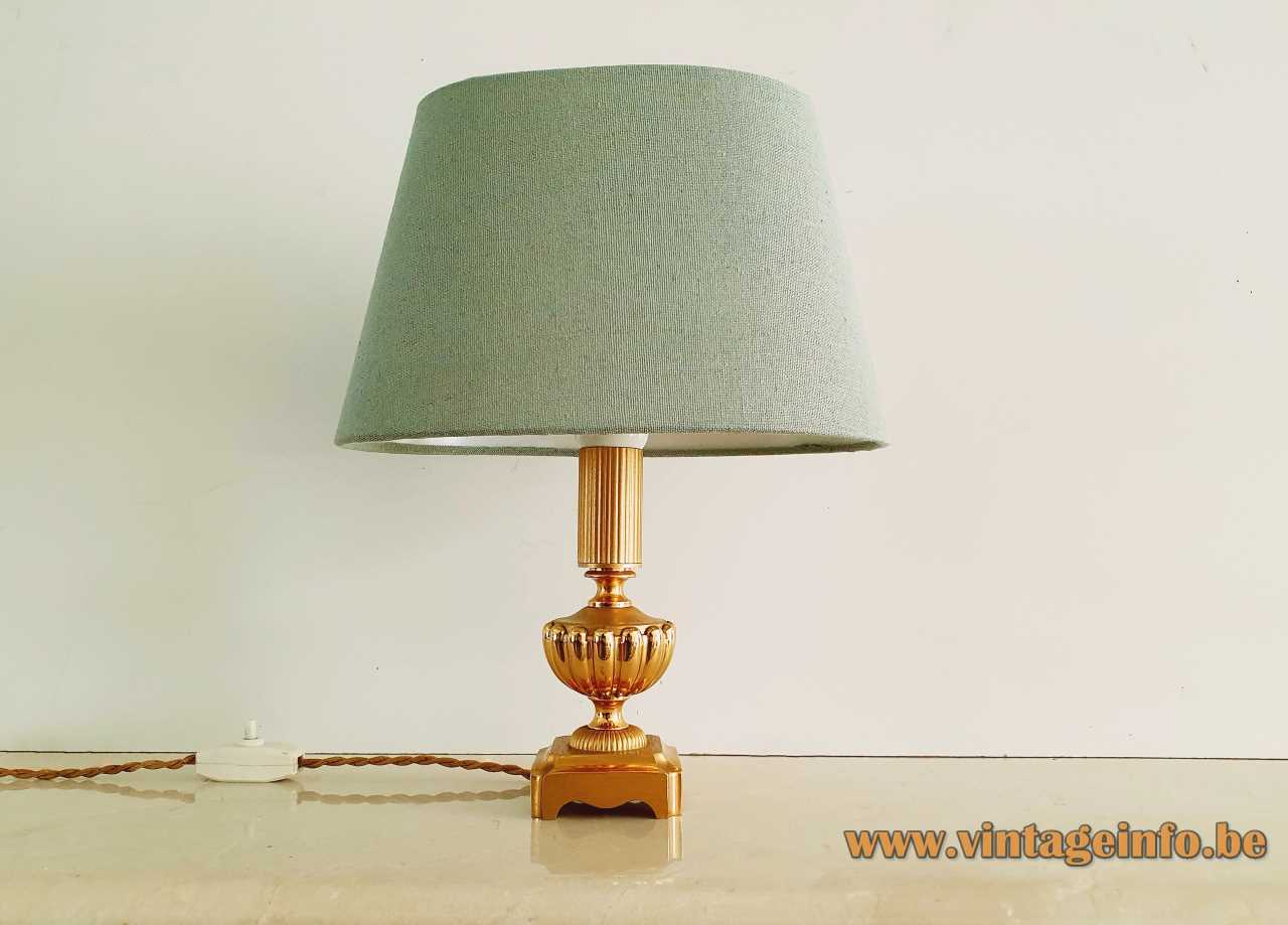 Classic brass Sciolari table lamp square base metal urn conical fabric lampshade 1960s 1970s Italy