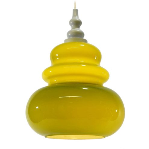 Lime green pendant lamp rounded curved glass lampshade white wood top 1960s 1970s Massive Belgium