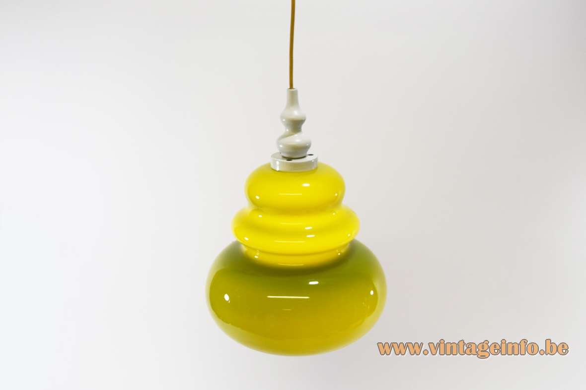 Lime green pendant lamp rounded curved glass lampshade white wood top 1960s 1970s Massive Belgium