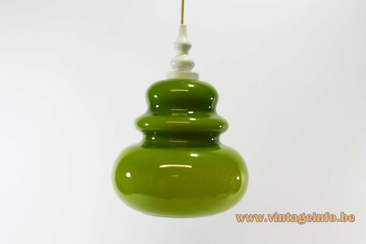 Lime green pendant lamp rounded curved glass lampshade white wood top 1960s 1970s Massive Belgium