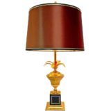 Massive palm table lamp square brass base black cube urn gilded leaves conical lampshade 1990s Belgium
