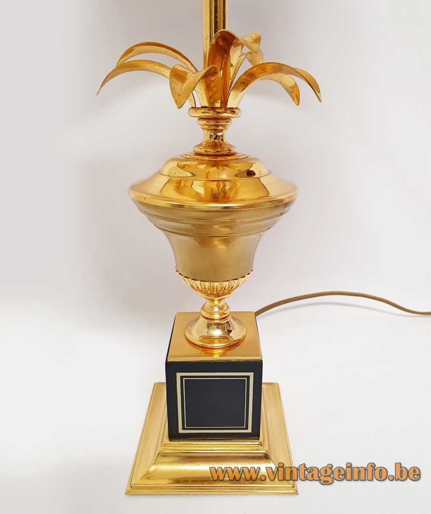 Massive palm table lamp square brass base black cube urn gilded leaves conical lampshade 1990s Belgium