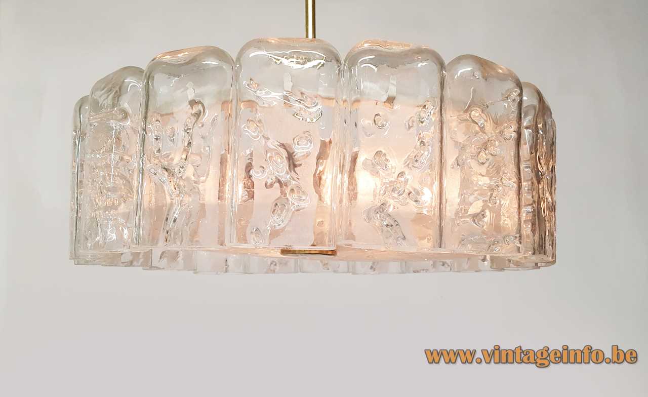 DORIA round ice glass chandelier 18 curved clear blocks big disc brass rod 1970s Germany vintage