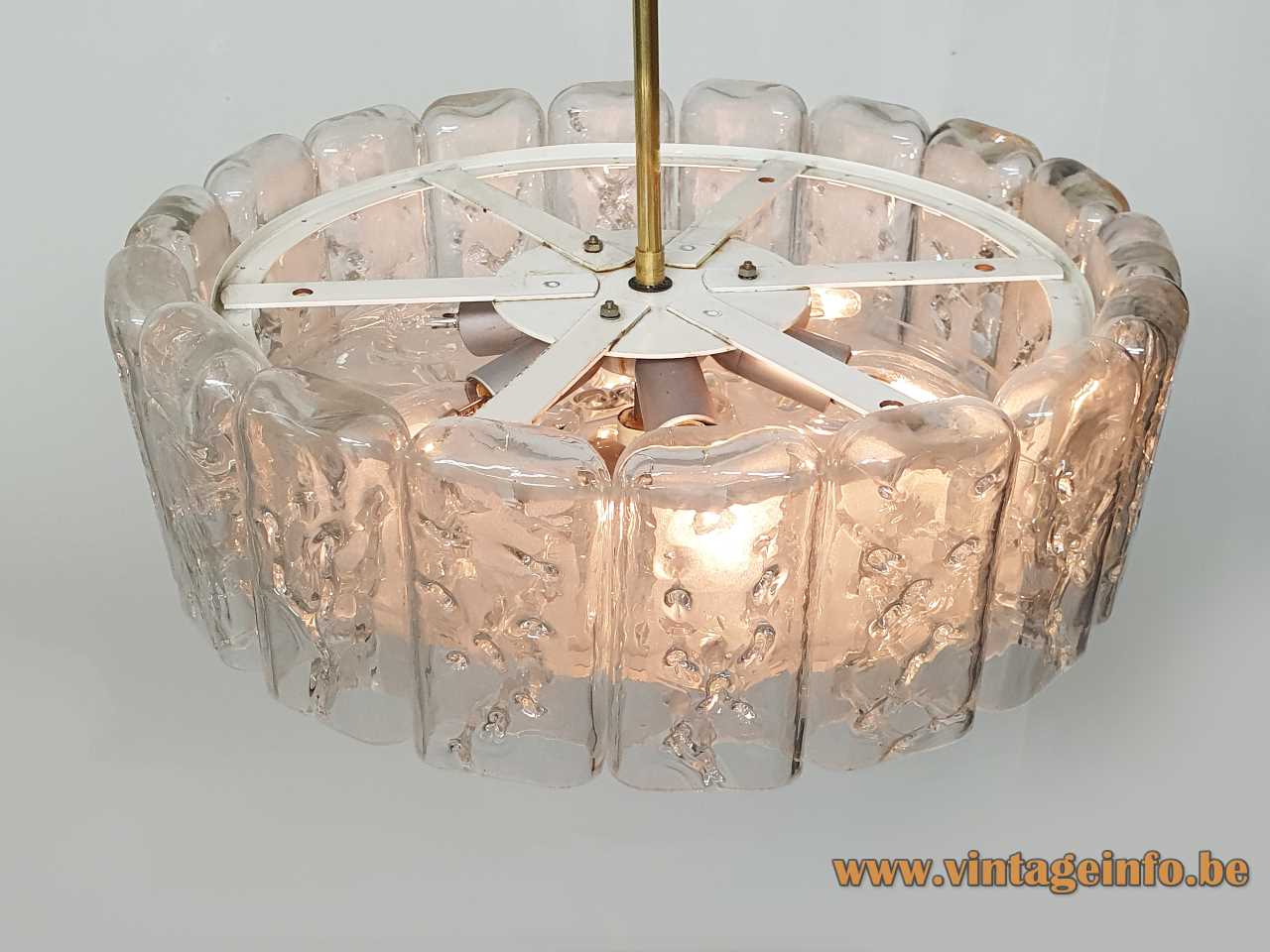 DORIA round ice glass chandelier 18 curved clear blocks big disc brass rod 1970s Germany vintage