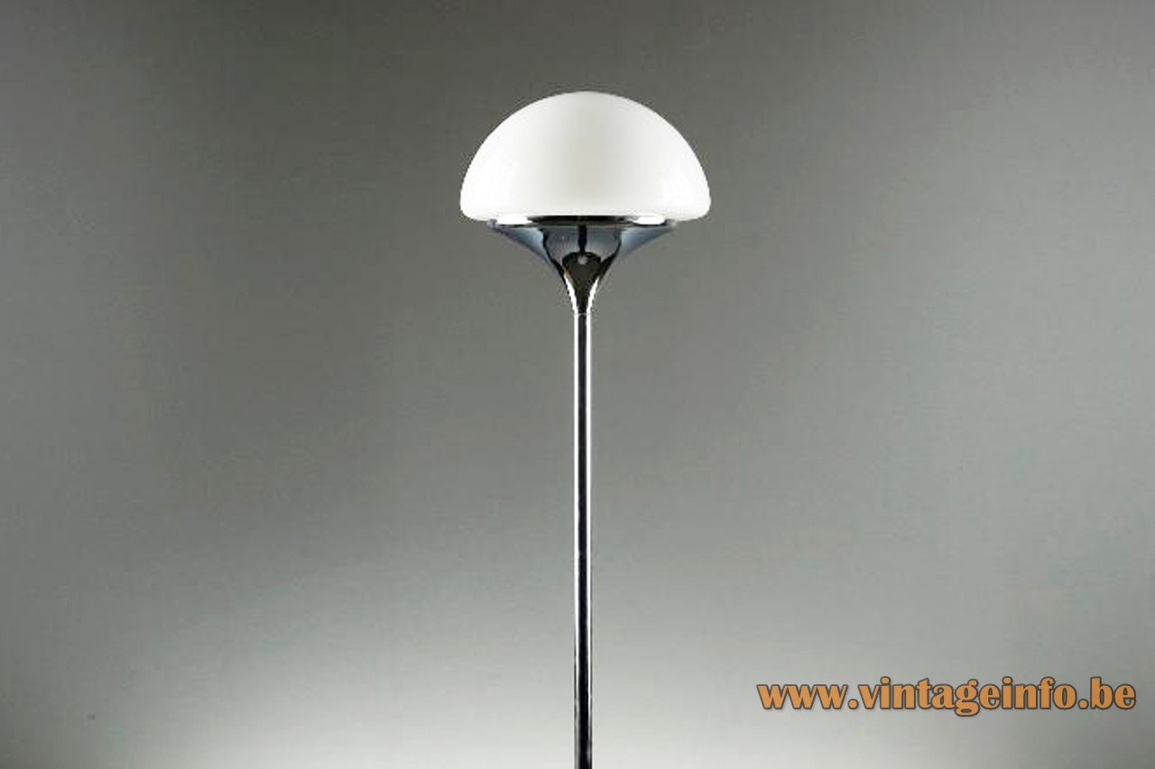 Estiluz chrome floor lamp white round base long rod half round opal glass lampshade 1970s Spain