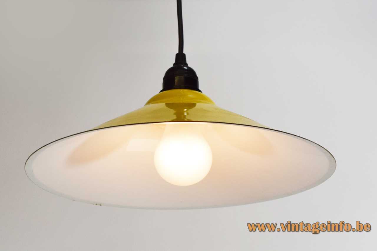 IKEA Lyra pendant lamp yellow & white painted round metal lampshade 1980s 1990s Sweden The Netherlands