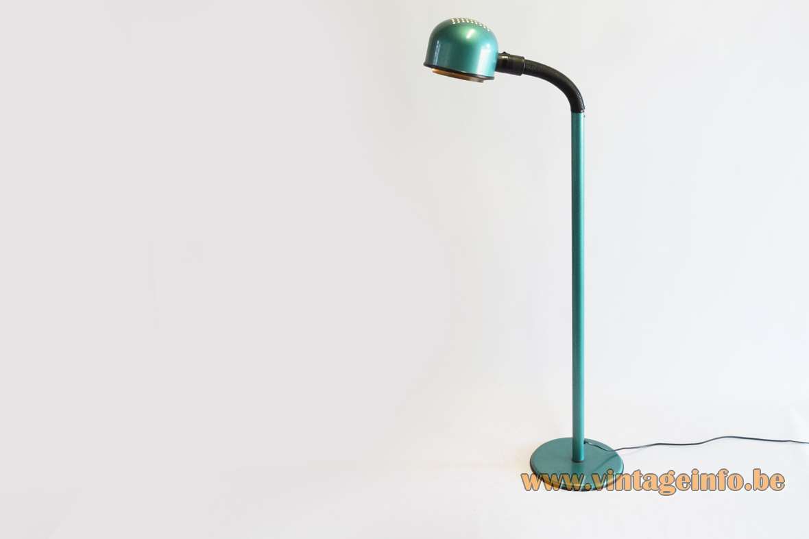 IKEA Remi floor lamp green metallic base & rod round perforated lampshade black flexible gooseneck 1980s Sweden
