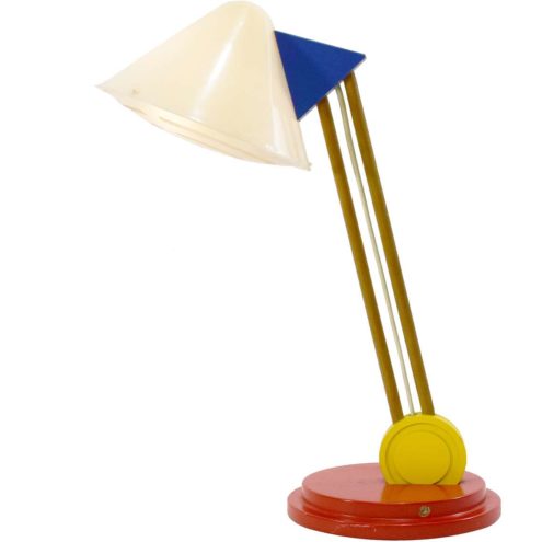 IKEA Stoja desk lamp red wood base white acrylic conical lampshade yellow ring blue triangle 1990s