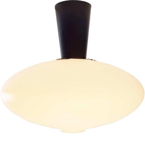 Raak oval ceiling lamp B-1069 flush mount opal glass lampshade black metal conical tube 1950s 1960s