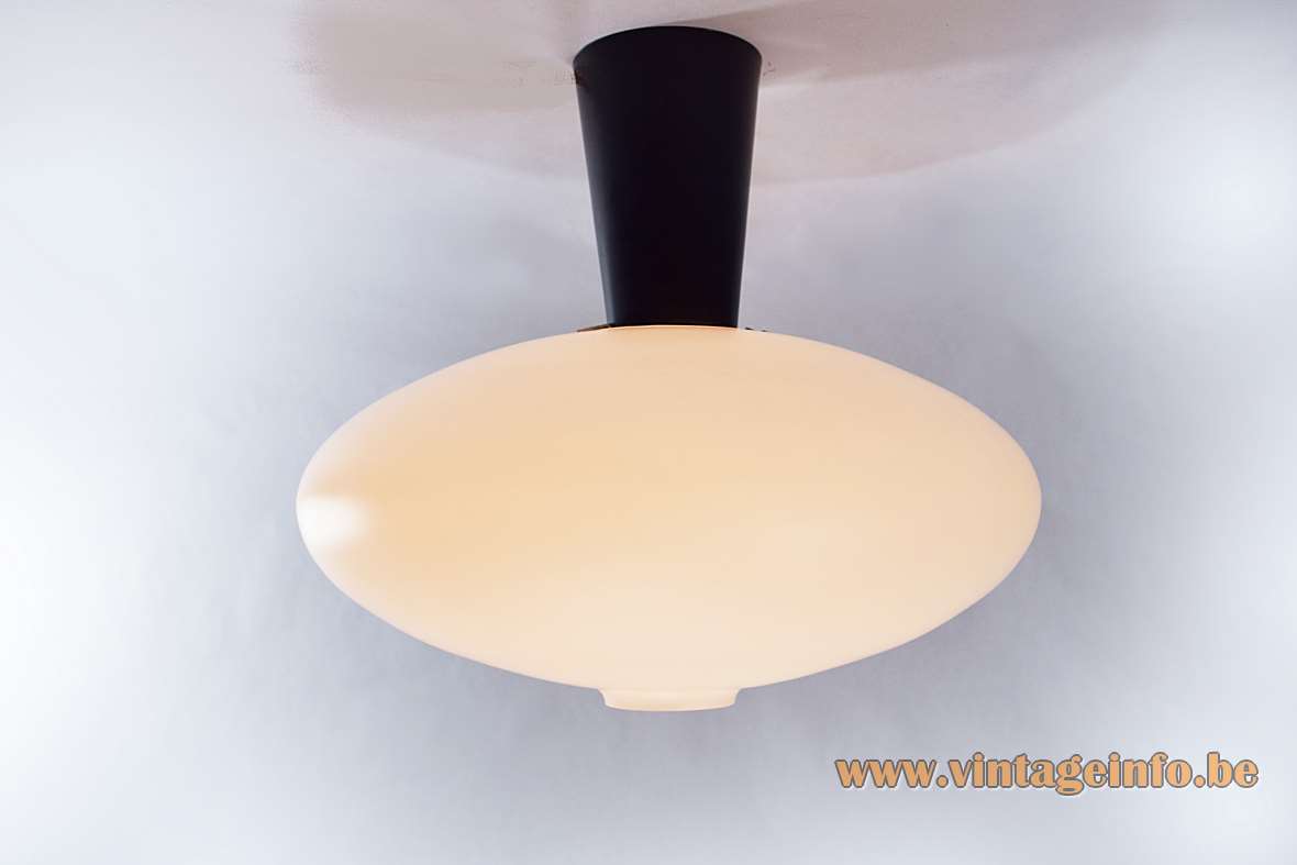 Raak oval ceiling lamp B-1069 flush mount opal glass lampshade black metal conical tube 1950s 1960s 