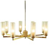 Völker Hamburg spider chandelier brass rods cream decorations 8 tubular embossed glass lampshades 1950s 1960s Germany