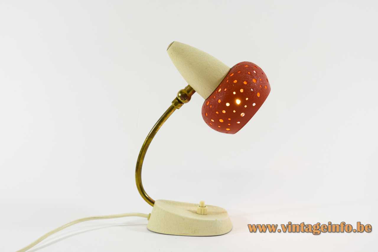 Wrinkle paint bedside table lamp cream base curved rod red holes lampshade Cosack Hillebrand 1950s 1960s