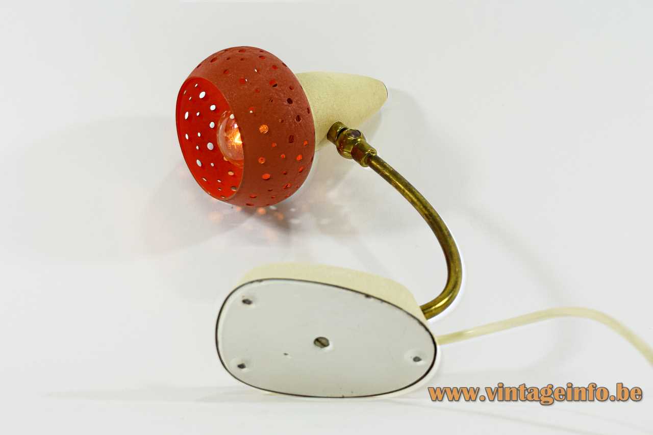 Wrinkle paint bedside table lamp cream base curved rod red holes lampshade Cosack Hillebrand 1950s 1960s