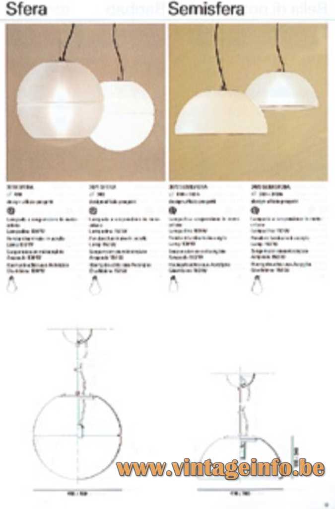 iGuzzini Sfera pendant lamp & Semisfera pendant lamp 1970s catalogue picture Harvey Guzzini Italy